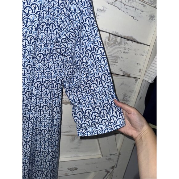 Sigrid Olsen XL Blue White Geo Printed 3/4 sleeve Button Linen Blend Shirt dress - Picture 5 of 11